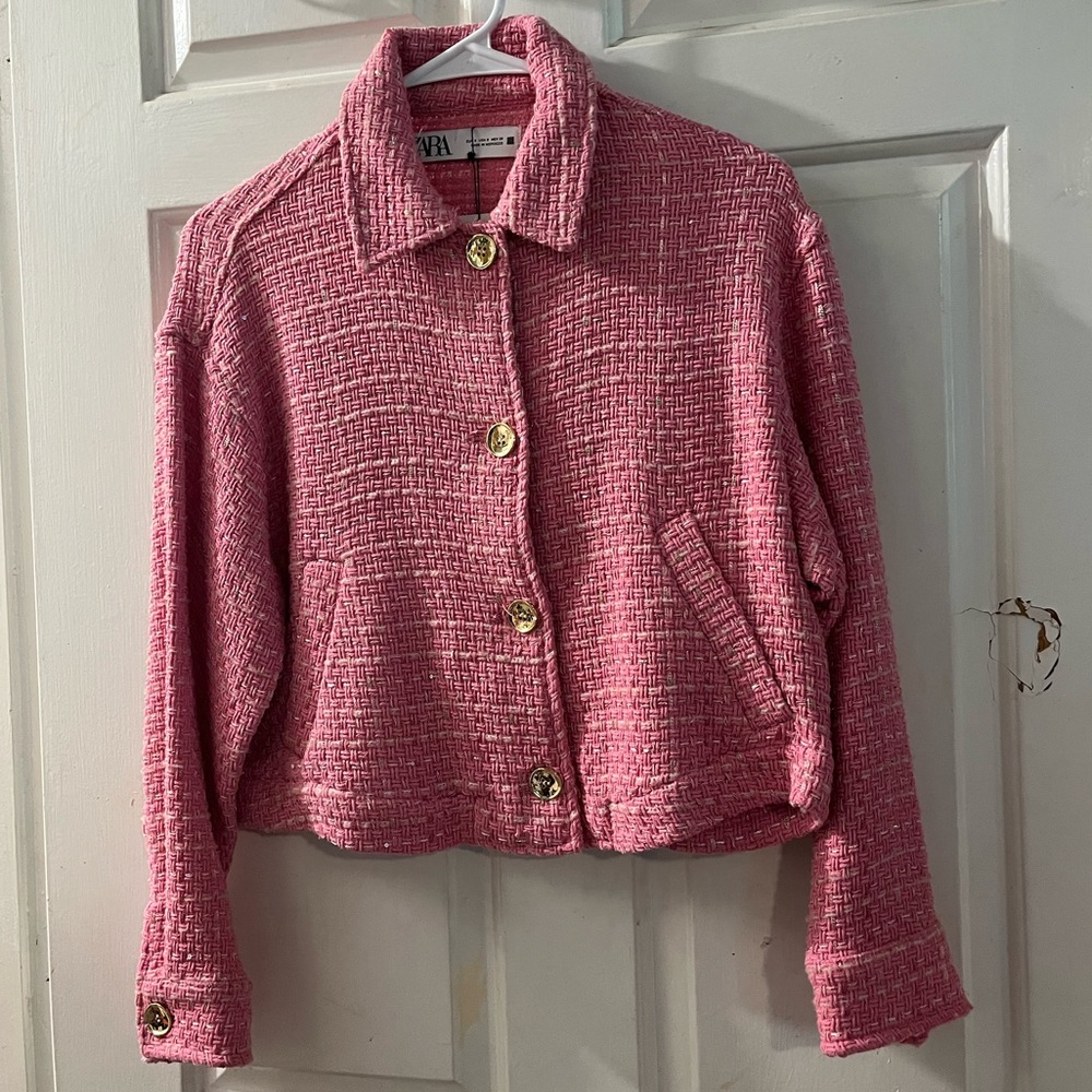 Zara Pink Textured Blazer with Gold Buttons